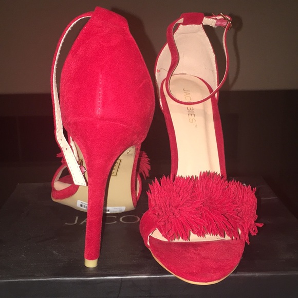 Red Pom-Pom Sandal Pump w/ ankle straps - Picture 3 of 4